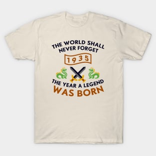 1935 The Year A Legend Was Born Dragons and Swords Design T-Shirt